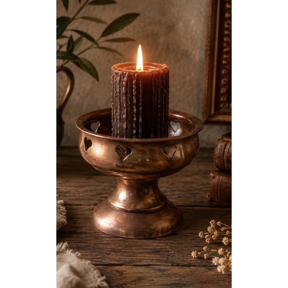 Solid Brass Heart Cutout Candle Holder | Gothic Hacienda Pedestal Stand, India